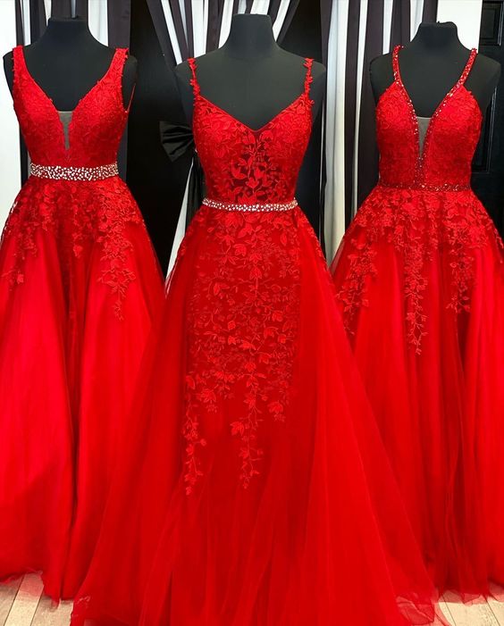 A-line Red Beaded Tulle Gown Prom Dresses   cg15807