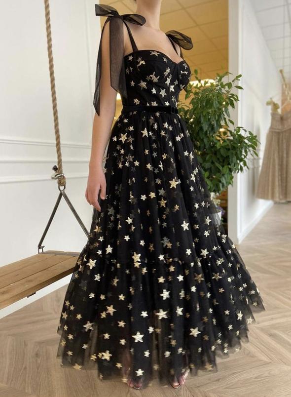 Black tulle sequins short prom dress with stars    cg15810