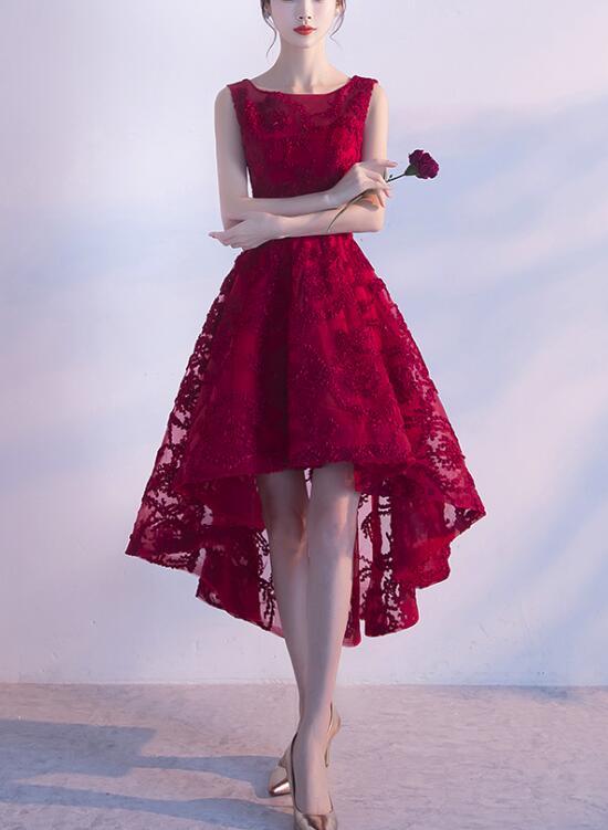 Wine Red Lace High Low Charming Formal Dress, Junior Party Dress, Cute Prom Dress    cg15812