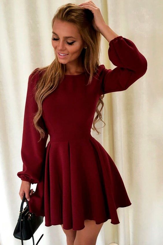 A-Line long sleeve burgundy homecoming dress cg1582