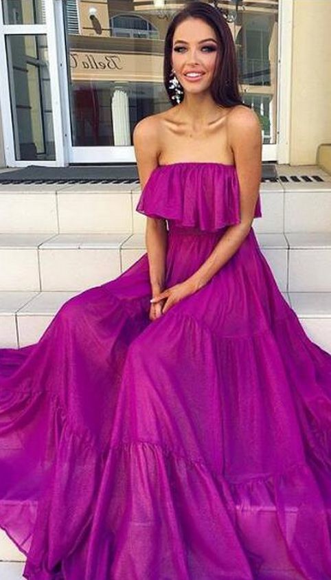 Elegant Formal Dress Evening Dress A-line Fuchsia Strapless Chiffon Long Evening Dresses Prom Dresses    cg15825