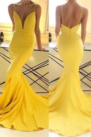 Deep V-Neck Long Prom Dresses, Mermaid Evening Dresses ,Spaghetti Straps Formal Dresses   cg15830