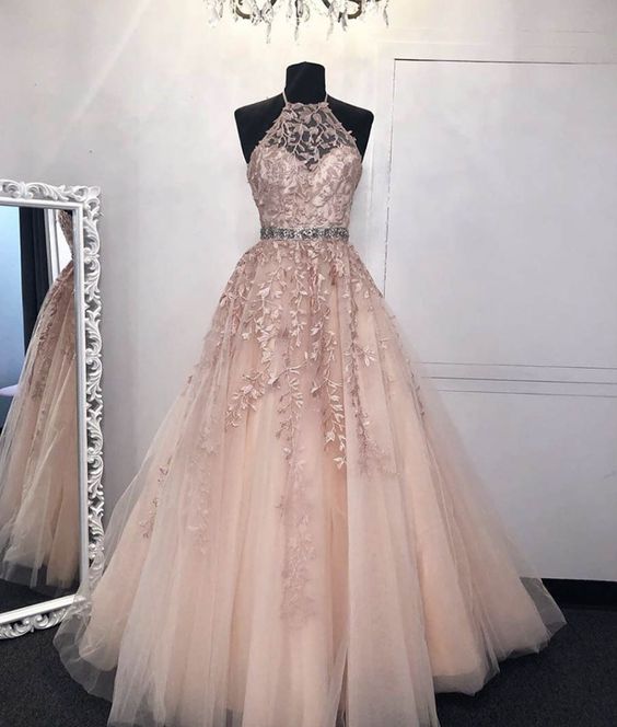 Pink tulle lace long prom dress evening dress    cg15835