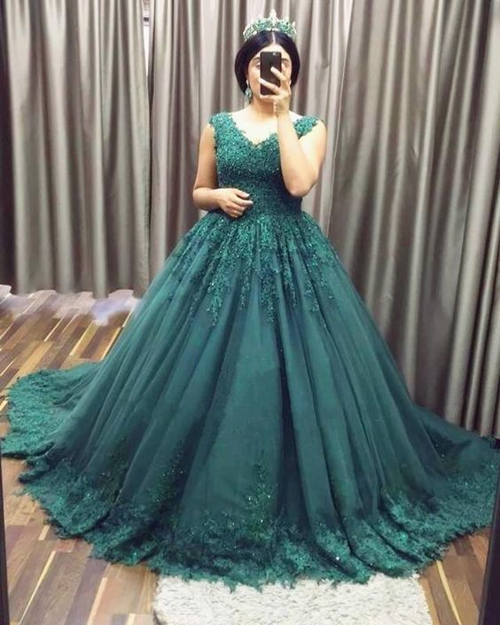 V Neck Tulle With Appliques Teal Ball Gown Long Prom Dresses   cg15861