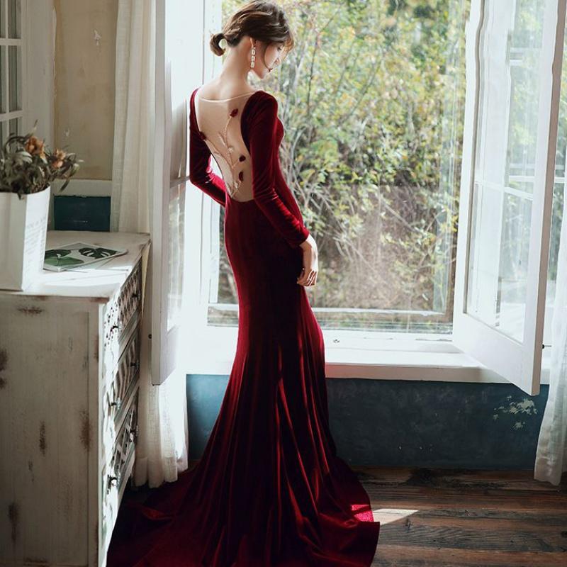 Burgundy Velvet Long Sleeves Mermaid Party Dress, Long Prom Dress   cg15938