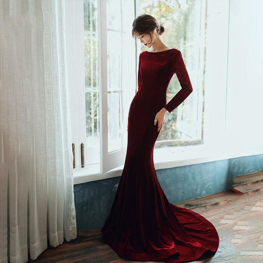 Burgundy Velvet Long Sleeves Mermaid Party Dress, Long Prom Dress   cg15938