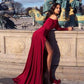 A-Line Off-the-Shoulder Long Sleeves Burgundy Elegant Prom Dress with Split  cg1596