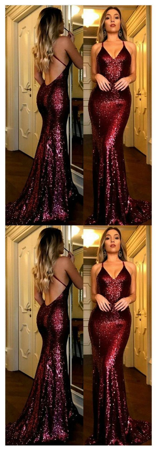 Sexy Halter V-Neck Open Back Sequined Burgundy Prom Dresses Long Evening Gowns   cg15963