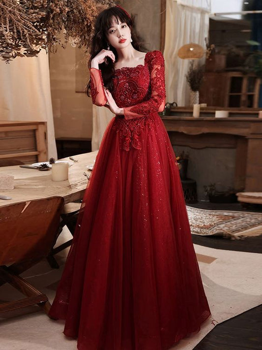 Burgundy tulle lace long prom dress, burgundy bridesmaid dress   cg15977