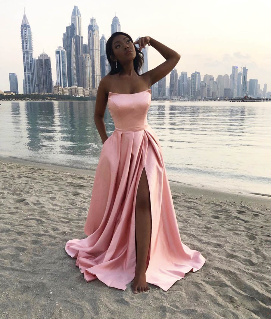 PINK SATIN LONG PROM DRESS SIMPLE EVENING DRESS   cg15986