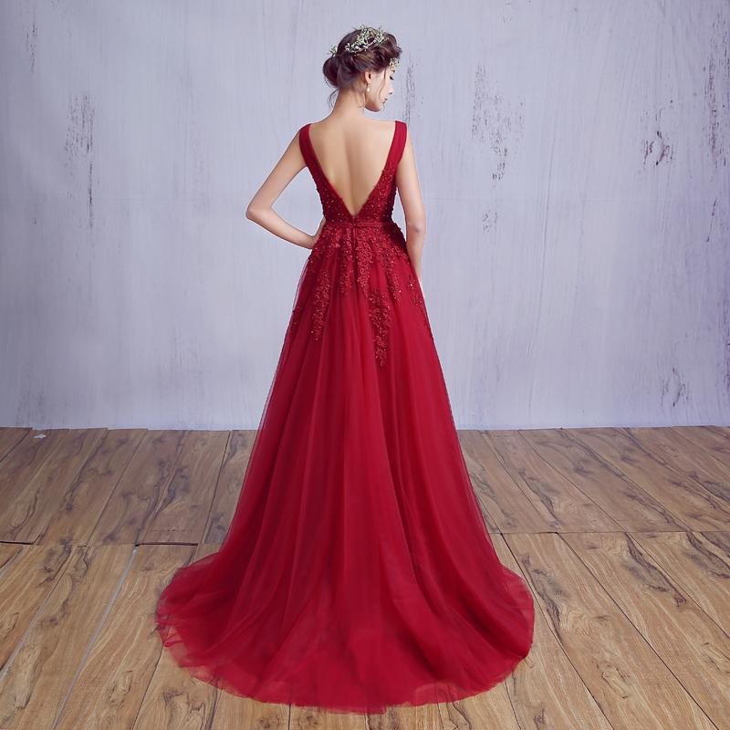 Fashionable Wine Red V Back Tulle Long Party Dress, A-Line Prom Dress   cg15993