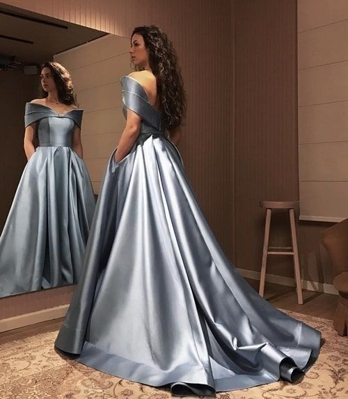 Off the shoulder satin long prom dress    cg16005