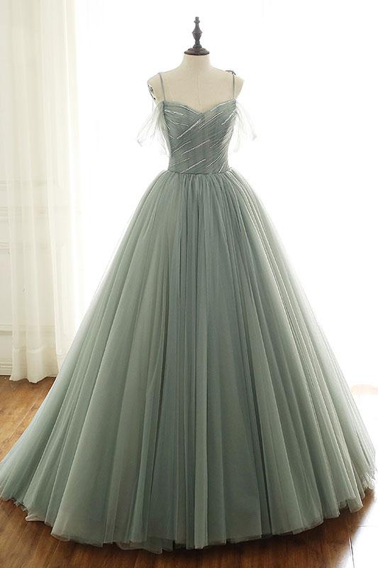 LIGHT GREEN TULLE LONG PROM DRESS, GREEN EVENING DRESS cg1603