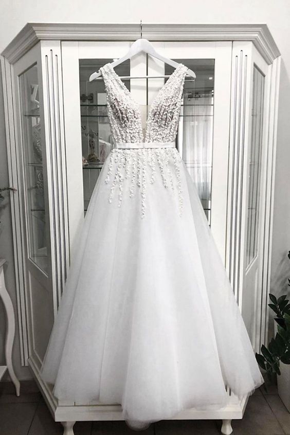 White v neck tulle tea Length prom dress, tulle evening dress cg1604