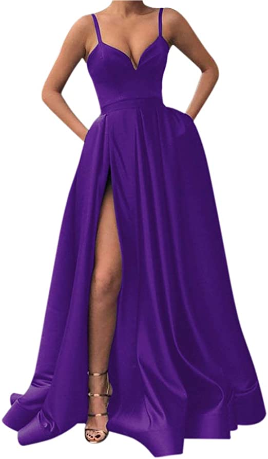 Spaghetti Straps V-Neck Slit Ruffles Long Prom Dress with Pockets    cg16065