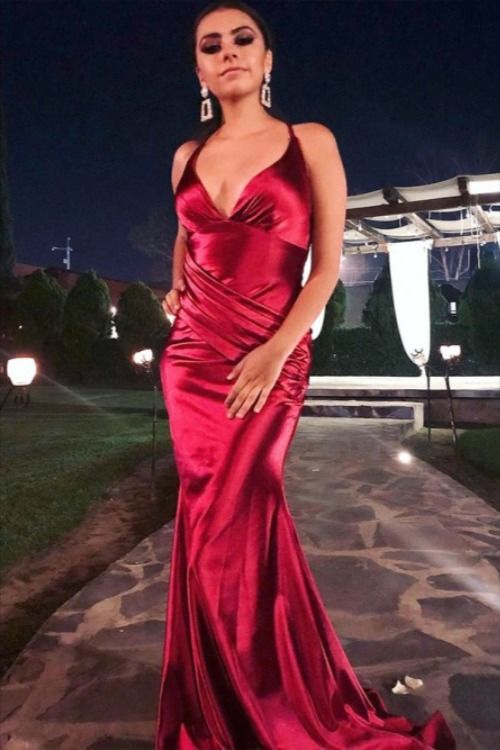 Mermaid V Neck Spaghetti Straps Dark Red Prom Dresses   cg16068