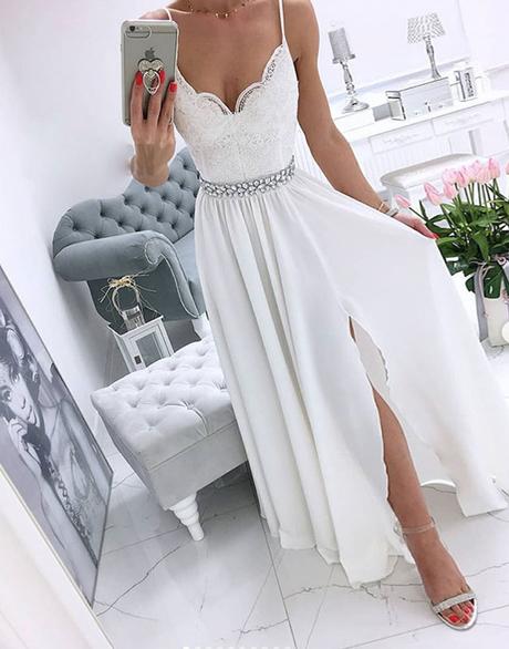 White v neck chiffon long prom dress, white evening dress cg1607