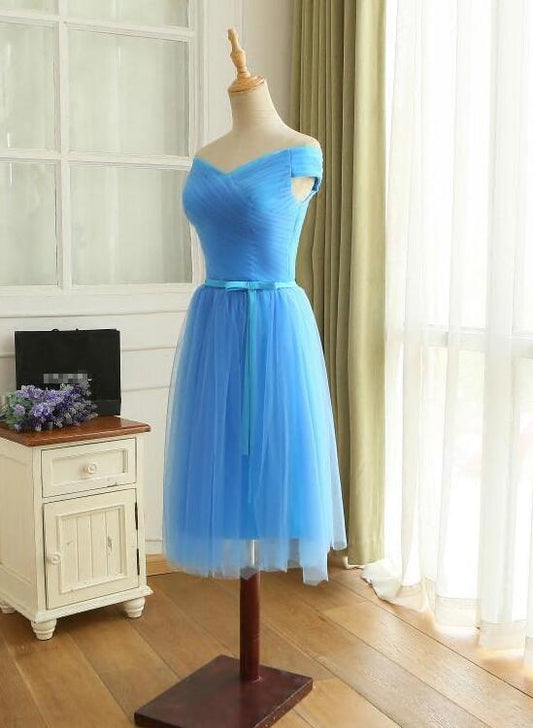 Short Homecoming Dresses Blue Off Shoulder Tulle Short Blue Bridesmaid Dress Party Dress   cg16076