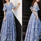 Blue v neck lace long prom dress, blue evening dress cg1612