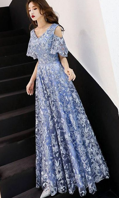 Blue v neck lace long prom dress, blue evening dress cg1612