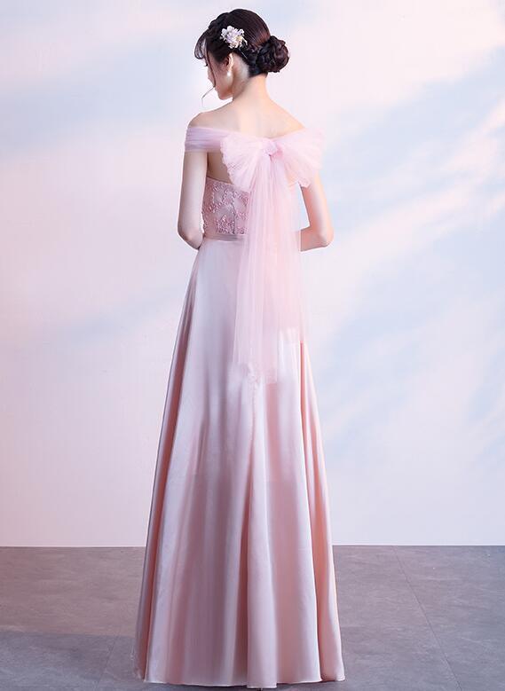 Pink Off Shoulder Lace And Satin Evening Dress, Pink Long Prom Dresss   cg16142