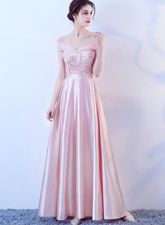 Pink Off Shoulder Lace And Satin Evening Dress, Pink Long Prom Dresss   cg16142