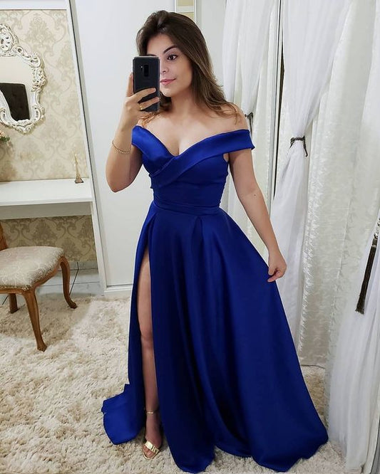 Elegant V-neck Off The Shoulder Long Satin Prom Dresses   cg16166