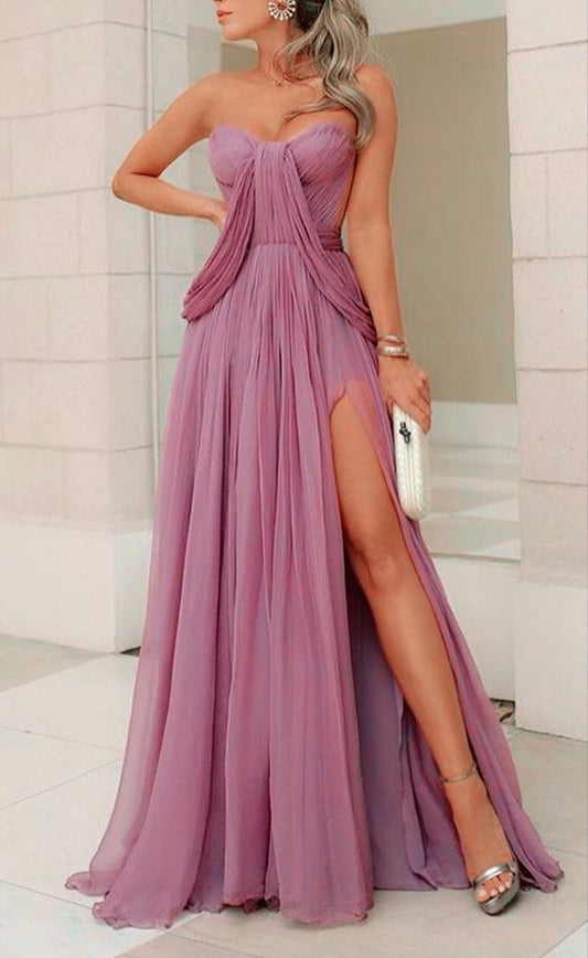 Beautiful Prom DressesMauve pink bridesmaid dresses long chiffon pleated sweetheart split formal gowns for women   cg16182