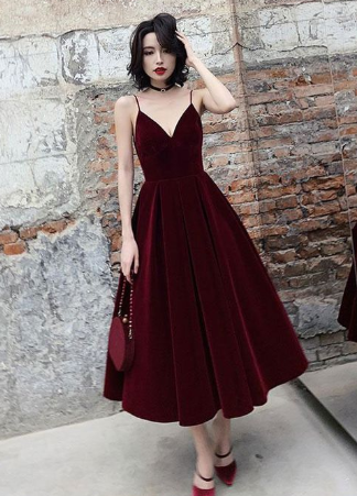 Simple burgundy tea Length prom dress, burgundy bridesmaid dress cg1619