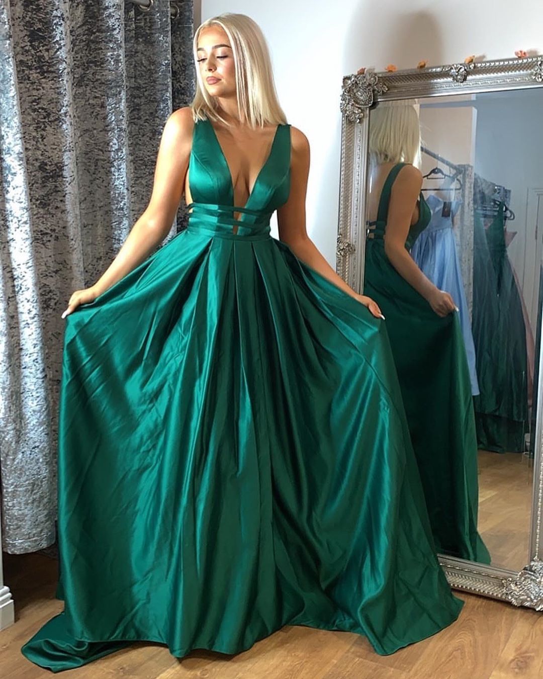 pluning A-line green satin long prom dress formal dress   cg16198