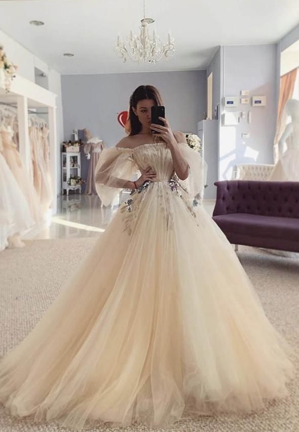Champagne tulle long prom dress evening dress   cg16199