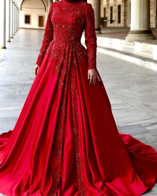 red ball gown wedding dresses lace long sleeves prom dress   cg16248
