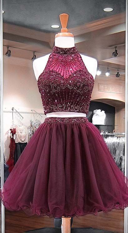 Burgundy Two Piece Homecoming Dress, Beading Stylish Short Tulle Party Gowns cg1630