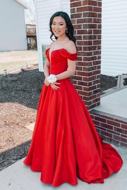 Off the Shoulder Red Long Ball Gown with Pockets Long Prom Party Gowns   cg16314