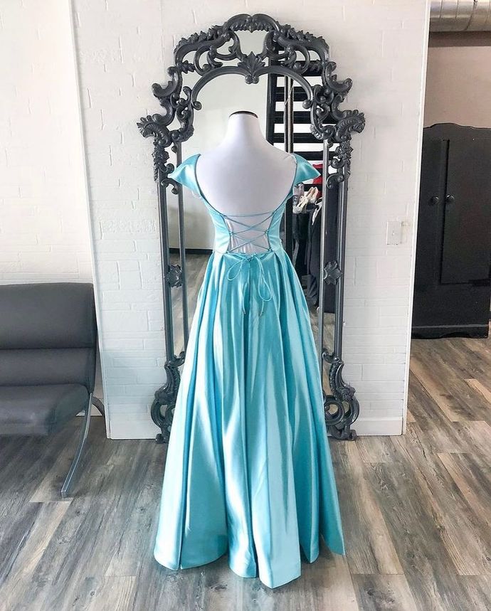 Cap Sleeves White Light Blue Long Prom Dress   cg16328