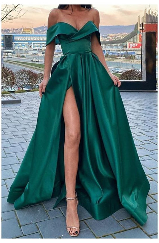 Emerald Green Satin Long Prom Dresses, Off Shoulder Dark Green High Slit Long Formal Evening Dresses   cg16332