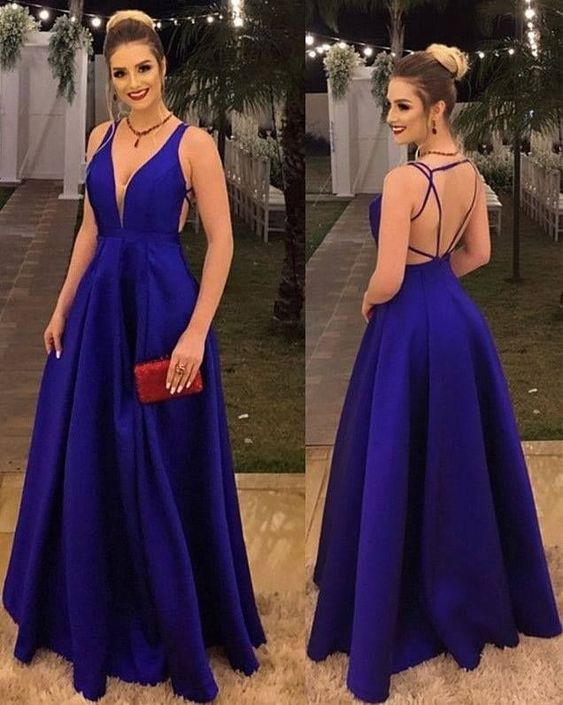 blue Straps satin Prom Dress   cg16341