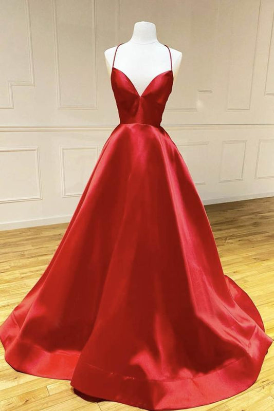 Red satin long prom dress simple evening dress    cg16384