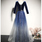 Blue Gradient Tulle With Velvet Long Sleeves Bridesmaid Dress, Long Prom Dress    cg16386