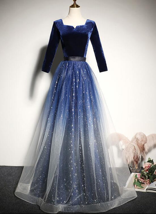 Blue Gradient Tulle With Velvet Long Sleeves Bridesmaid Dress, Long Prom Dress    cg16386