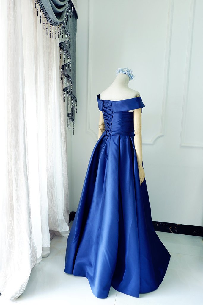 Off Shoulder Blue Satin Floor Length Party Dress, A-Line Junior Prom Dress    cg16390