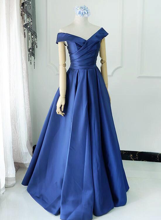 Off Shoulder Blue Satin Floor Length Party Dress, A-Line Junior Prom Dress    cg16390