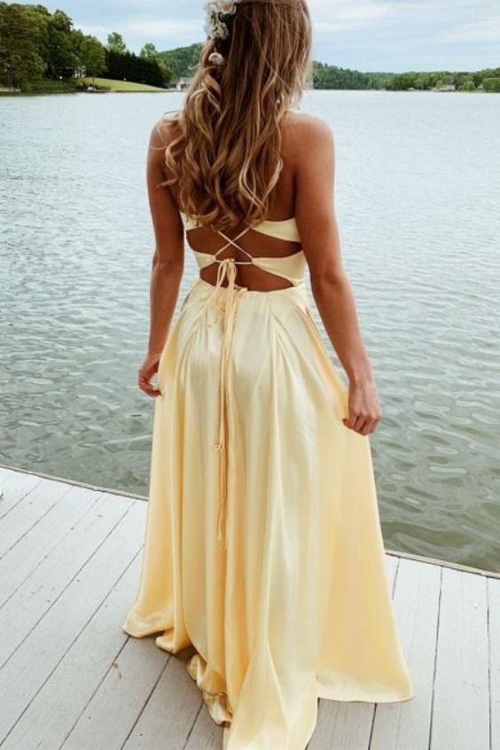 Pastel Yellow with Strappy Back A-line Prom Dress    cg16410