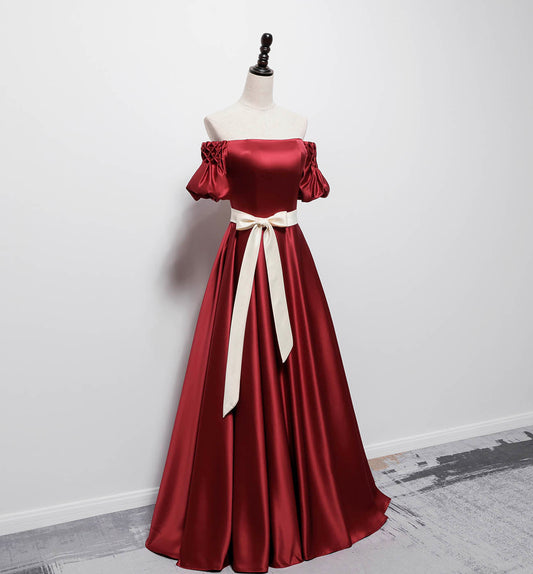 BURGUNDY SATIN LONG PROM DRESS EVENING DRESS   cg16423