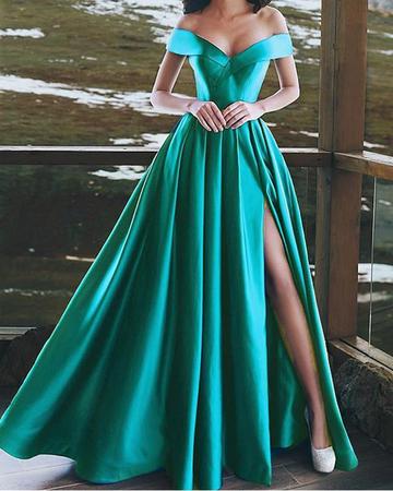 SATIN BRIDESMAID PROM DRESSES LEG SPLIT OFF SHOULDER    cg16472