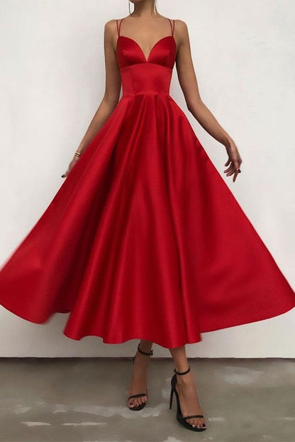 Simple V Neck Satin Burgundy Tea Length Prom/Evening Dresses   cg16481