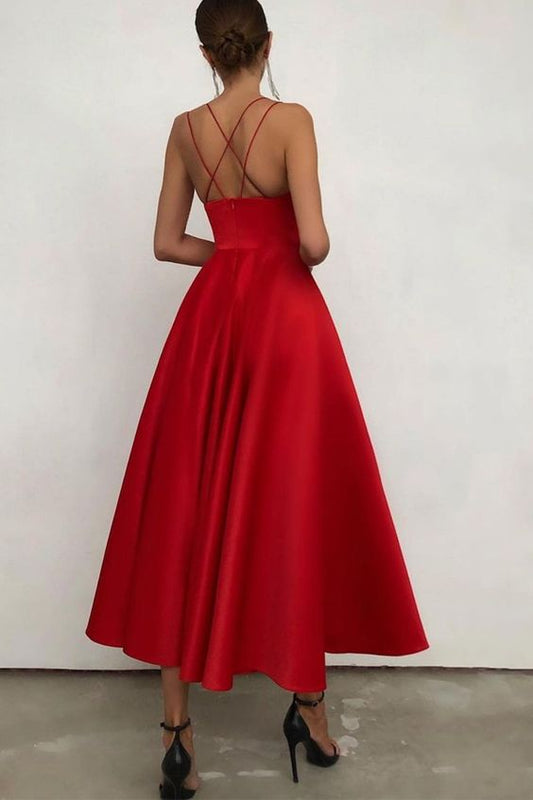 Simple V Neck Satin Burgundy Tea Length Prom/Evening Dresses   cg16481