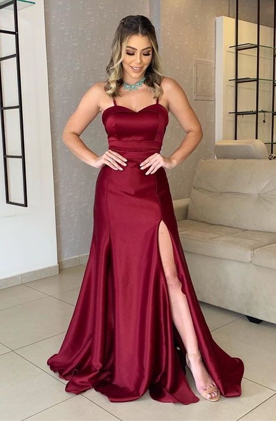 Burgundy Spaghetti Straps Long Prom Dresses,Sweetheart Evening Dress with Side Slit   cg16526