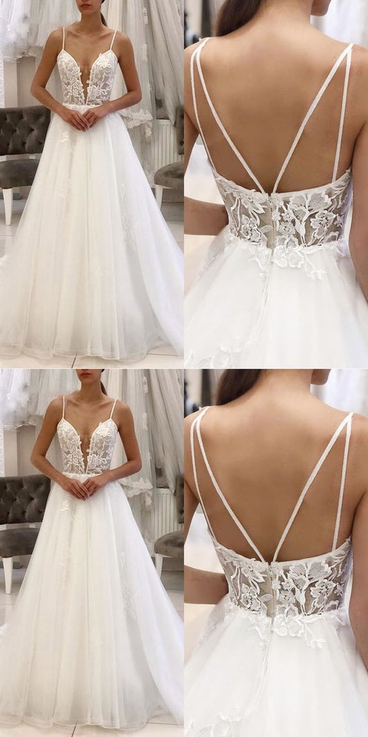 Sexy Deep V Neck Spaghetti Straps Lace and Tulle Bride Wedding Dresses Prom Dress    cg16612
