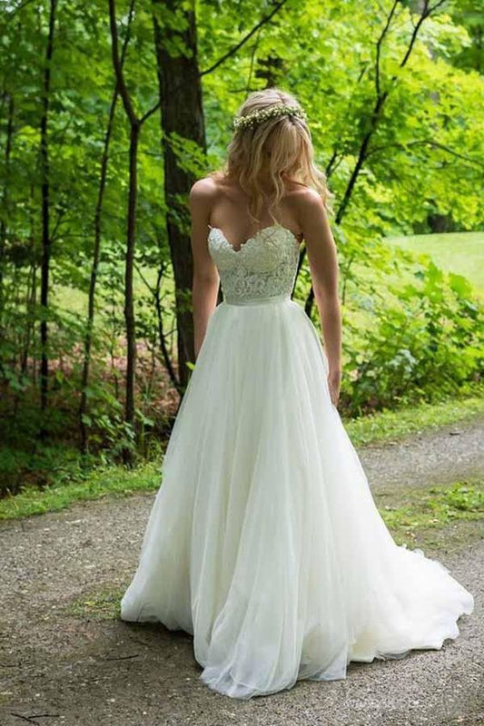 A-Line Sweetheart Ivory Wedding Dresses With Lace Applique  Prom Dresses   cg16618